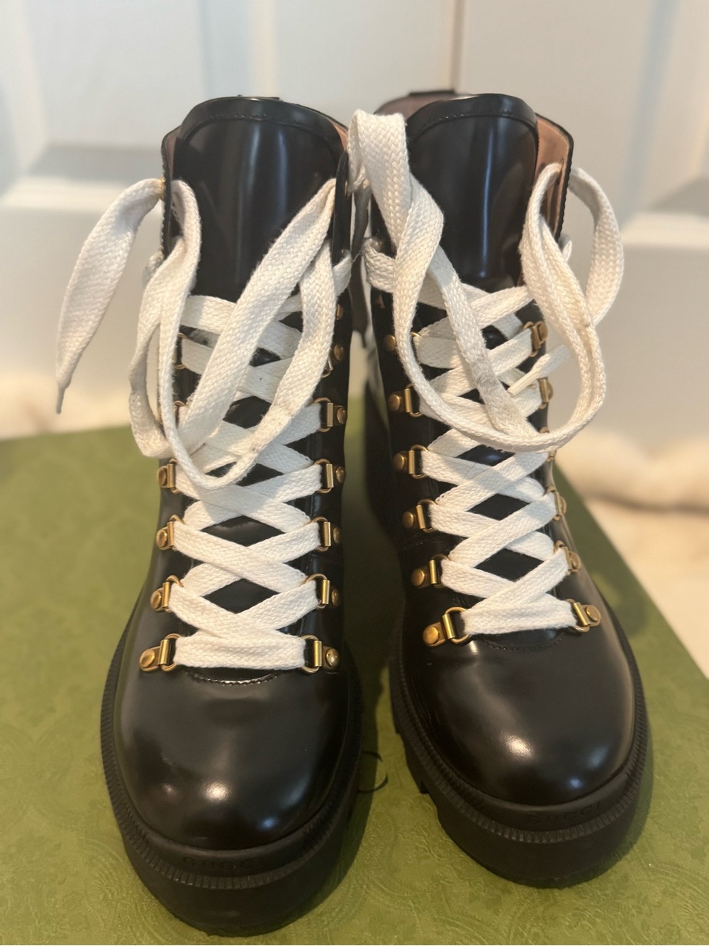 Gucci Black Lace-Up Platform Hiking Boots with White Laces